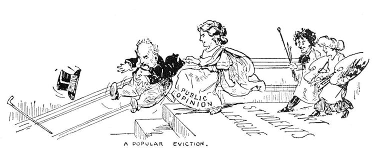 Cartoon of young women booting an older man down some steps.